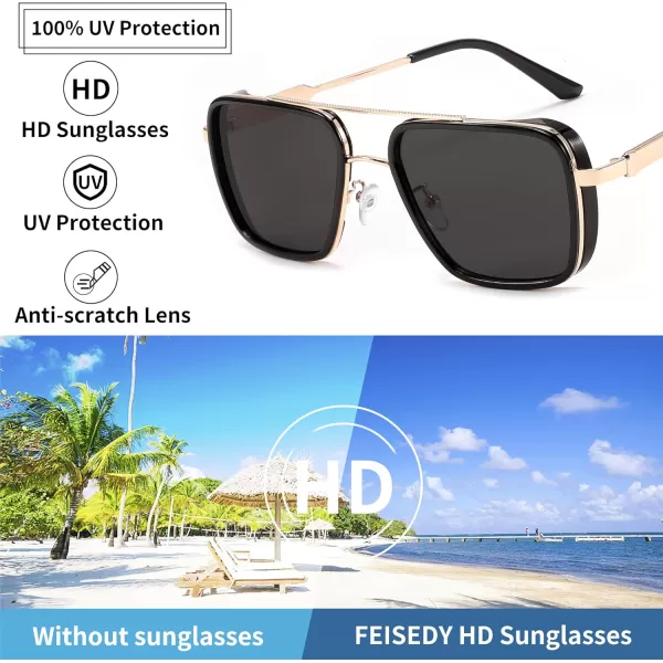 FEISEDY Sunglasses Men Women Vintage Aviator Square Trendy Metal Steampunk Fishing Driving Sun Glasses B0114Gray Lenses With Gold Temples 001