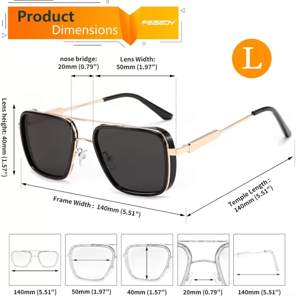 FEISEDY Sunglasses Men Women Vintage Aviator Square Trendy Metal Steampunk Fishing Driving Sun Glasses B0114Gray Lenses With Gold Temples 001