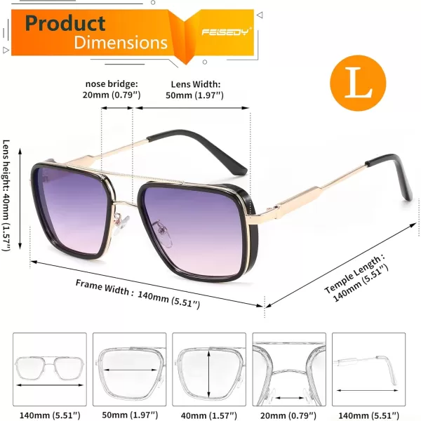 FEISEDY Sunglasses Men Women Vintage Aviator Square Trendy Metal Steampunk Fishing Driving Sun Glasses B0114Purple Pink Lenses With Gold Temples 003