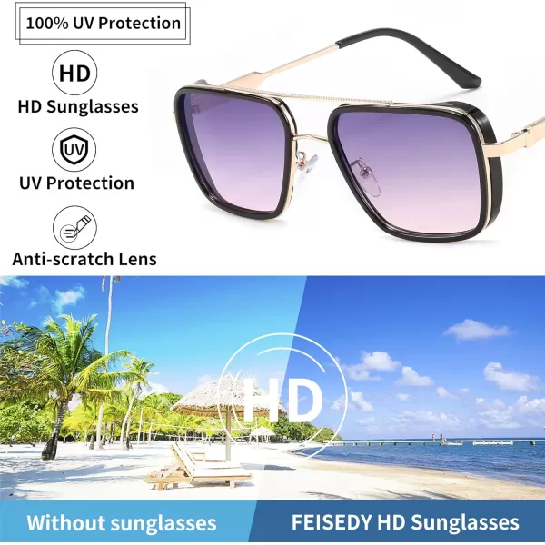 FEISEDY Sunglasses Men Women Vintage Aviator Square Trendy Metal Steampunk Fishing Driving Sun Glasses B0114Purple Pink Lenses With Gold Temples 003