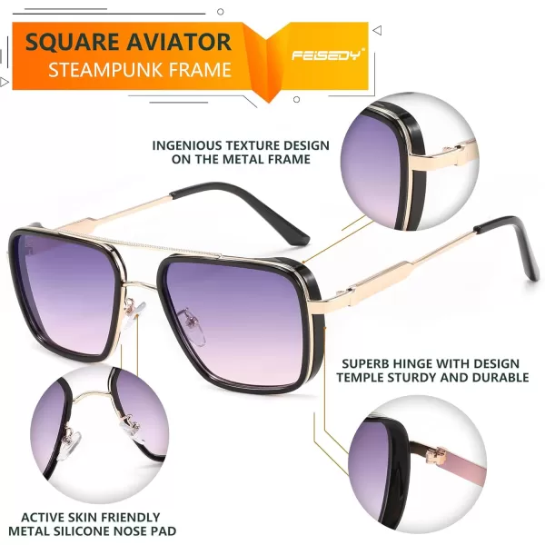 FEISEDY Sunglasses Men Women Vintage Aviator Square Trendy Metal Steampunk Fishing Driving Sun Glasses B0114Purple Pink Lenses With Gold Temples 003