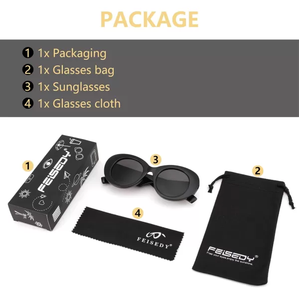 FEISEDY Sunglasses Women Fashion Luxury Oversized Oval Round Thick Frame Sunglasses Lady Shades Sun Glasses B0014Black Frame  Grey Lens