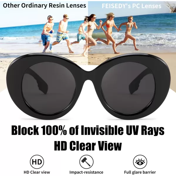 FEISEDY Sunglasses Women Fashion Luxury Oversized Oval Round Thick Frame Sunglasses Lady Shades Sun Glasses B0014Black Frame  Grey Lens
