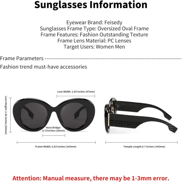 FEISEDY Sunglasses Women Fashion Luxury Oversized Oval Round Thick Frame Sunglasses Lady Shades Sun Glasses B0014Black Frame  Grey Lens