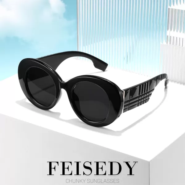 FEISEDY Sunglasses Women Fashion Luxury Oversized Oval Round Thick Frame Sunglasses Lady Shades Sun Glasses B0014Black Frame  Grey Lens