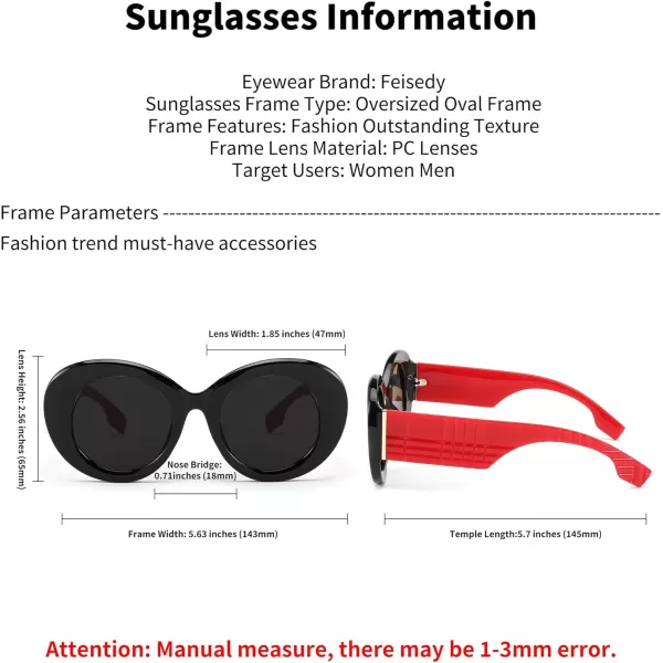 FEISEDY Sunglasses Women Fashion Luxury Oversized Oval Round Thick Frame Sunglasses Lady Shades Sun Glasses B0014Black Frame With Red Legs  Gray Lenses