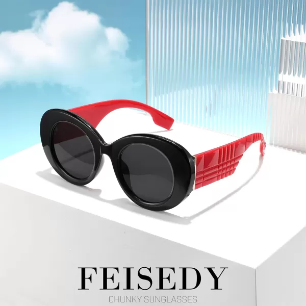 FEISEDY Sunglasses Women Fashion Luxury Oversized Oval Round Thick Frame Sunglasses Lady Shades Sun Glasses B0014Black Frame With Red Legs  Gray Lenses