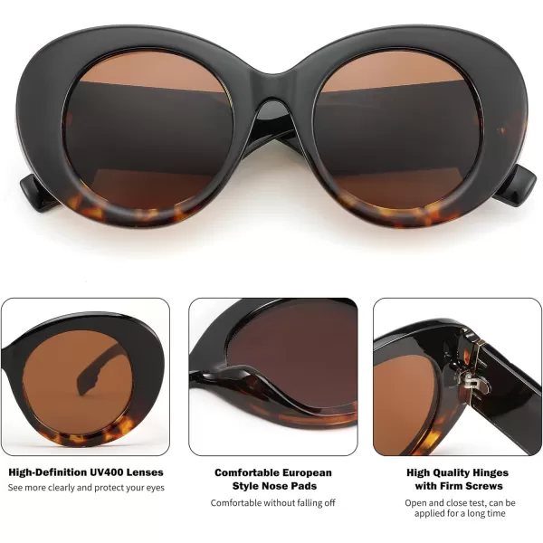 FEISEDY Sunglasses Women Fashion Luxury Oversized Oval Round Thick Frame Sunglasses Lady Shades Sun Glasses B0014Black and Leopard Frame  Tea Lenses