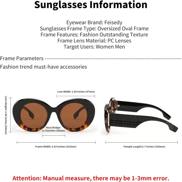 FEISEDY Sunglasses Women Fashion Luxury Oversized Oval Round Thick Frame Sunglasses Lady Shades Sun Glasses B0014Black and Leopard Frame  Tea Lenses