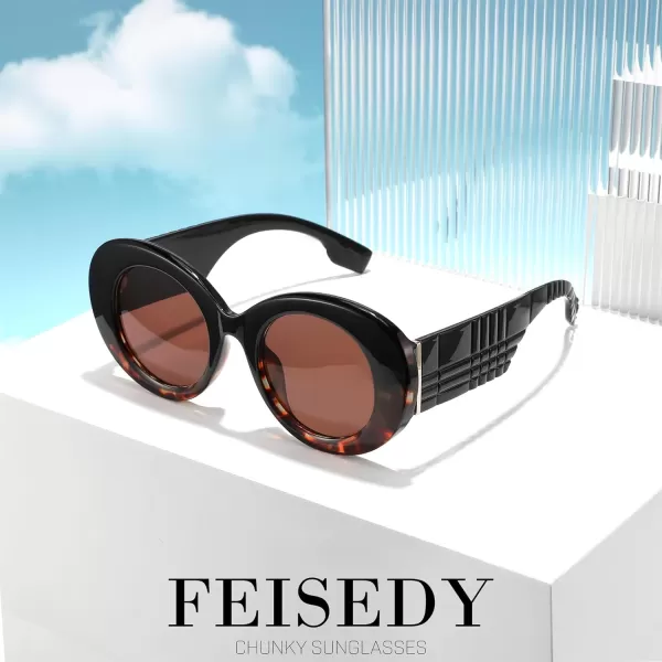 FEISEDY Sunglasses Women Fashion Luxury Oversized Oval Round Thick Frame Sunglasses Lady Shades Sun Glasses B0014Black and Leopard Frame  Tea Lenses