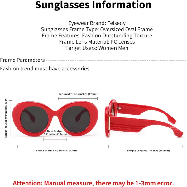FEISEDY Sunglasses Women Fashion Luxury Oversized Oval Round Thick Frame Sunglasses Lady Shades Sun Glasses B0014Red Frame  Gray Lens