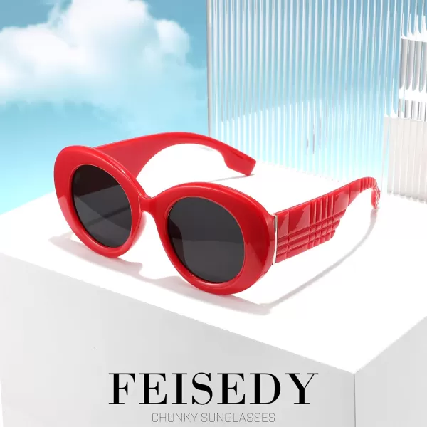 FEISEDY Sunglasses Women Fashion Luxury Oversized Oval Round Thick Frame Sunglasses Lady Shades Sun Glasses B0014Red Frame  Gray Lens