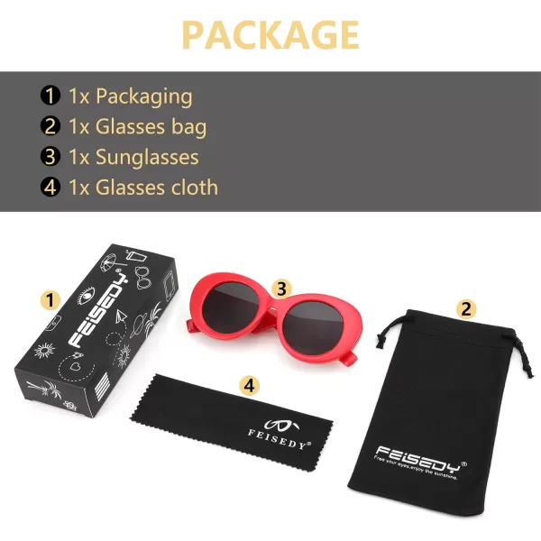 FEISEDY Sunglasses Women Fashion Luxury Oversized Oval Round Thick Frame Sunglasses Lady Shades Sun Glasses B0014Red Frame  Gray Lens