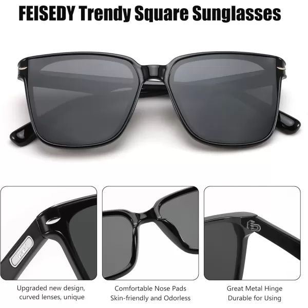 FEISEDY Trendy Oversized Square Sunglasses for Women Men Luxury Curved Lens Sun Glasses UV400 B0099Black Frame  Grey Lens