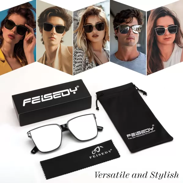 FEISEDY Trendy Oversized Square Sunglasses for Women Men Luxury Curved Lens Sun Glasses UV400 B0099Black Frame  Sliver Lens