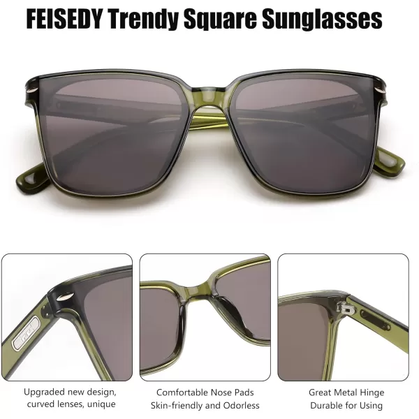 FEISEDY Trendy Oversized Square Sunglasses for Women Men Luxury Curved Lens Sun Glasses UV400 B0099Olive Green Frame  Grey Lens