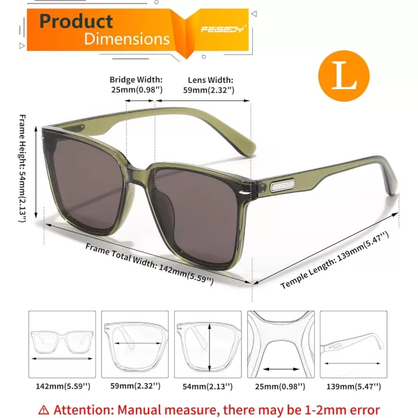 FEISEDY Trendy Oversized Square Sunglasses for Women Men Luxury Curved Lens Sun Glasses UV400 B0099Olive Green Frame  Grey Lens