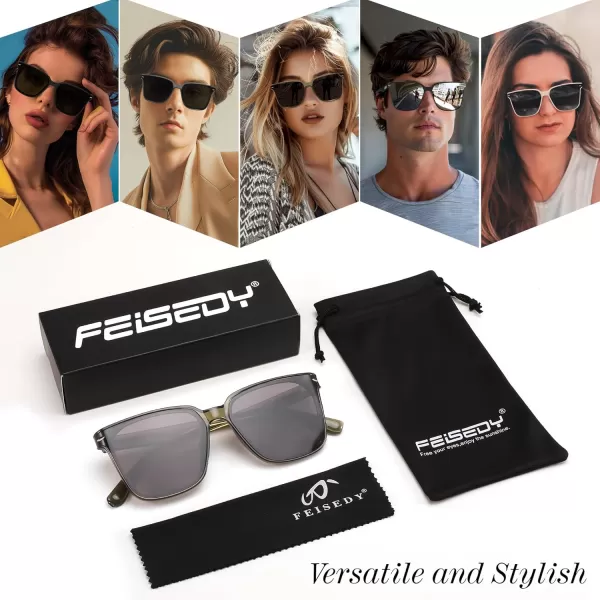 FEISEDY Trendy Oversized Square Sunglasses for Women Men Luxury Curved Lens Sun Glasses UV400 B0099Olive Green Frame  Grey Lens