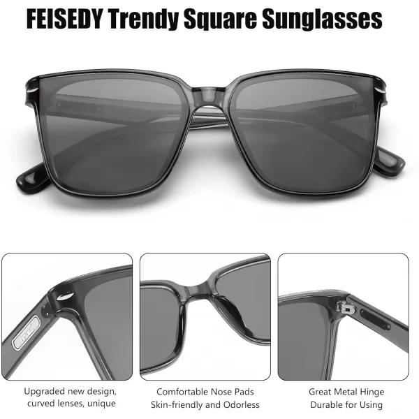 FEISEDY Trendy Oversized Square Sunglasses for Women Men Luxury Curved Lens Sun Glasses UV400 B0099Transparent Grey Frame  Grey Lens
