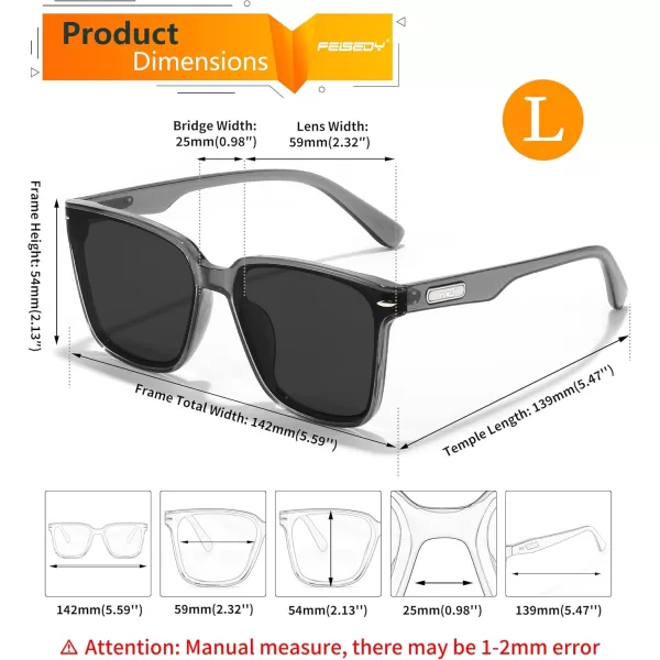 FEISEDY Trendy Oversized Square Sunglasses for Women Men Luxury Curved Lens Sun Glasses UV400 B0099Transparent Grey Frame  Grey Lens