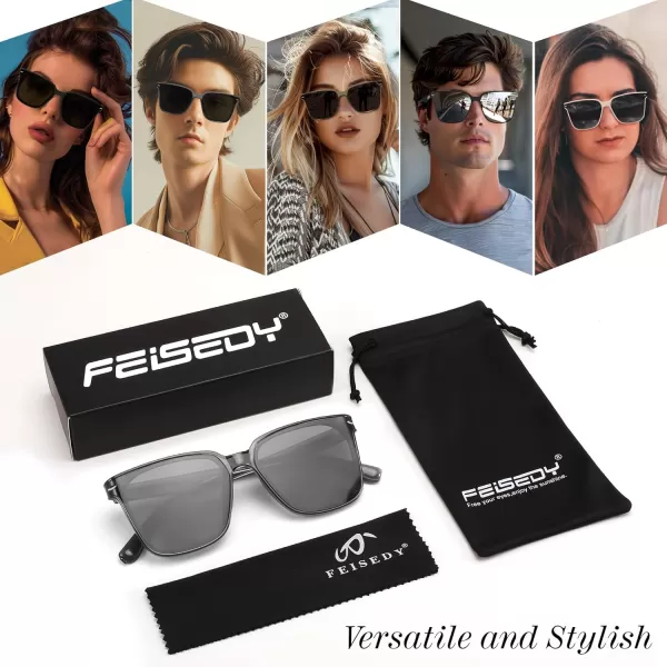 FEISEDY Trendy Oversized Square Sunglasses for Women Men Luxury Curved Lens Sun Glasses UV400 B0099Transparent Grey Frame  Grey Lens