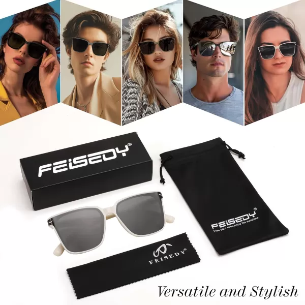 FEISEDY Trendy Oversized Square Sunglasses for Women Men Luxury Curved Lens Sun Glasses UV400 B0099White Frame  Grey Lens