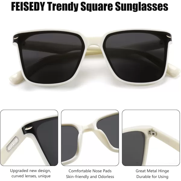 FEISEDY Trendy Oversized Square Sunglasses for Women Men Luxury Curved Lens Sun Glasses UV400 B0099White Frame  Grey Lens