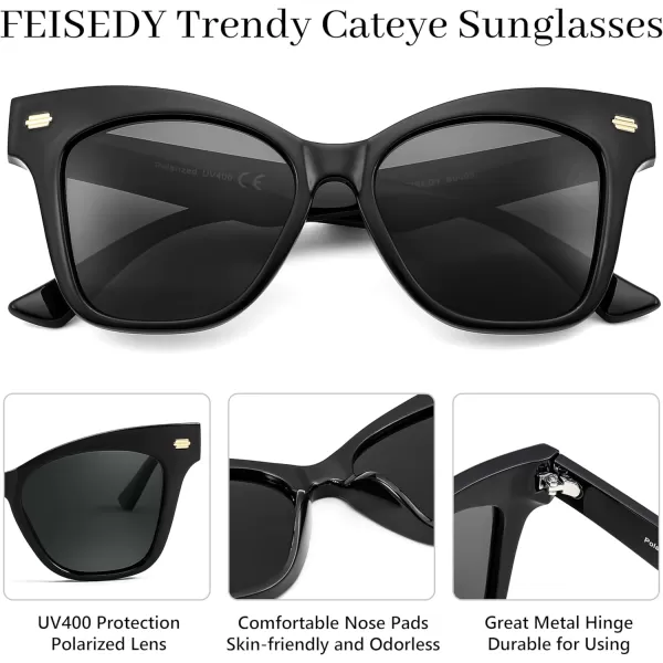 FEISEDY Trendy Polarized Sunglasses Retro Cateye Frame for Women UV400 Protection Shades B0009001 Obsidian