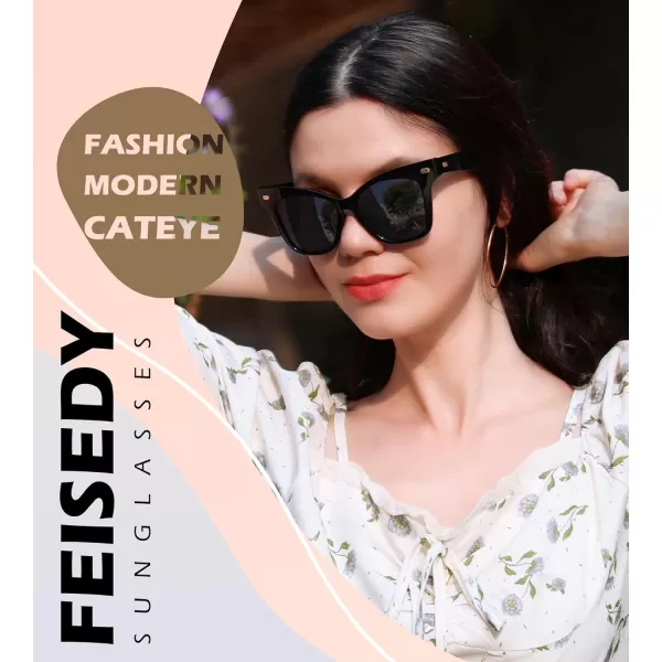 FEISEDY Trendy Polarized Sunglasses Retro Cateye Frame for Women UV400 Protection Shades B0009001 Obsidian