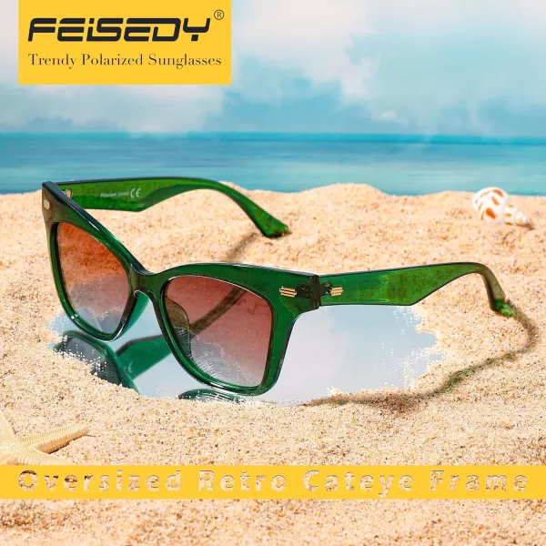 FEISEDY Trendy Polarized Sunglasses Retro Cateye Frame for Women UV400 Protection Shades B0009005 Transparent Green