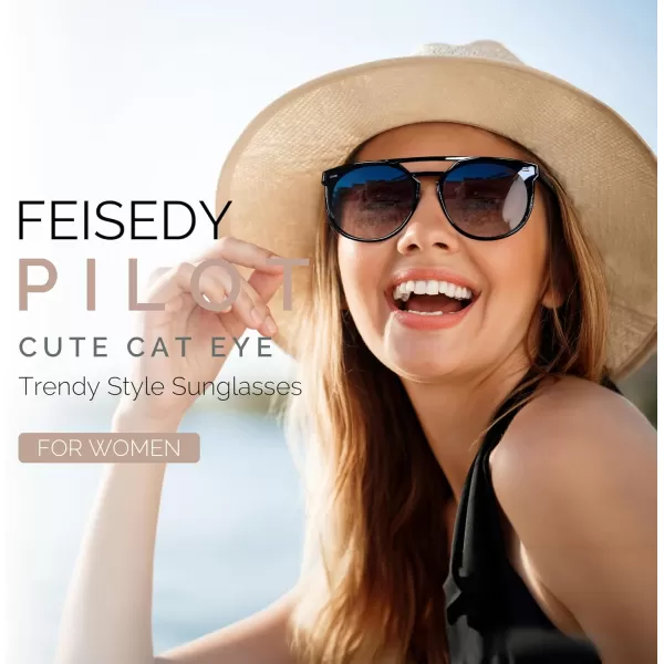 FEISEDY Vintage Cat Eye Sunglasses Polarized Round Aviator Trendy Oversized UV400 Sun Glasses B011901 Black  Gradual Grey