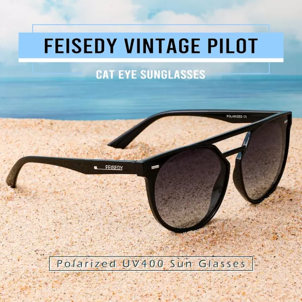 FEISEDY Vintage Cat Eye Sunglasses Polarized Round Aviator Trendy Oversized UV400 Sun Glasses B011901 Black  Gradual Grey