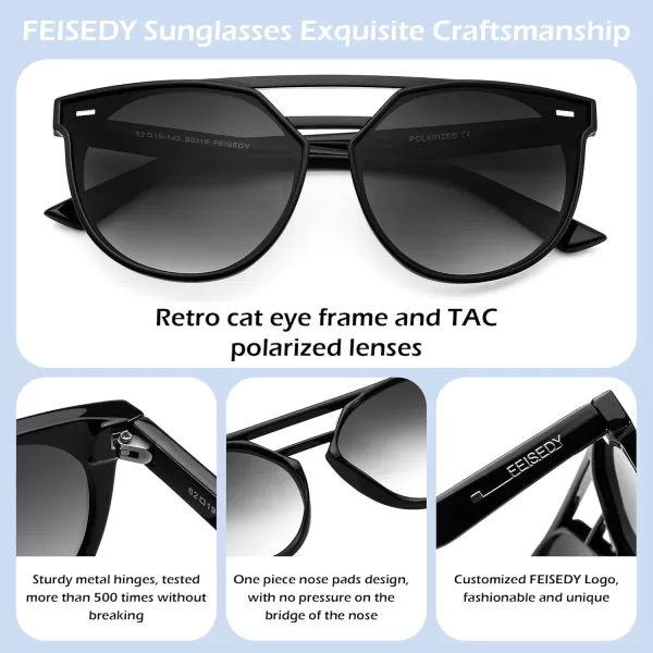 FEISEDY Vintage Cat Eye Sunglasses Polarized Round Aviator Trendy Oversized UV400 Sun Glasses B011901 Black  Gradual Grey