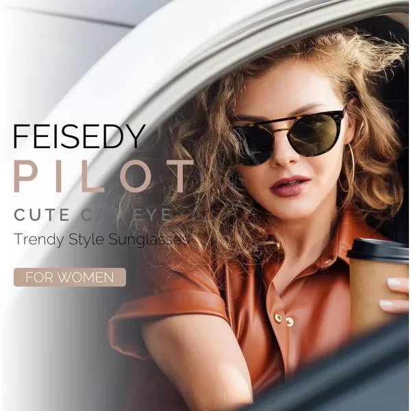 FEISEDY Vintage Cat Eye Sunglasses Polarized Round Aviator Trendy Oversized UV400 Sun Glasses B011903 Lropard  Dark Green