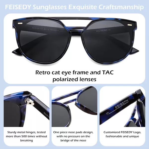FEISEDY Vintage Cat Eye Sunglasses Polarized Round Aviator Trendy Oversized UV400 Sun Glasses B011904 Blue Lropard  Grey