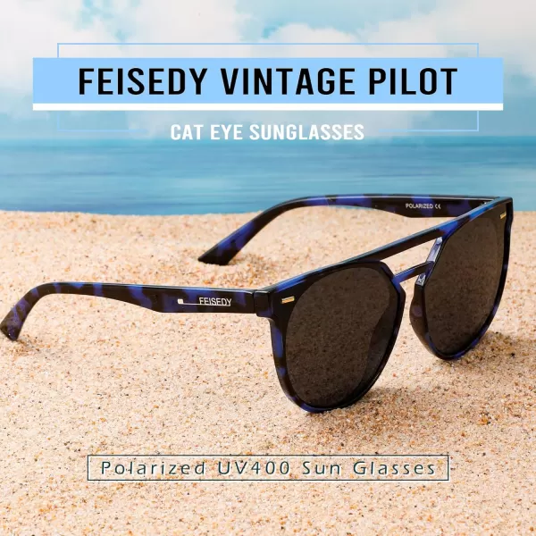 FEISEDY Vintage Cat Eye Sunglasses Polarized Round Aviator Trendy Oversized UV400 Sun Glasses B011904 Blue Lropard  Grey