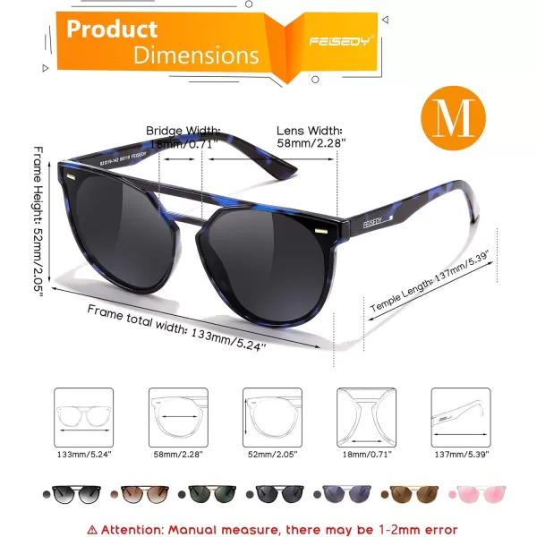 FEISEDY Vintage Cat Eye Sunglasses Polarized Round Aviator Trendy Oversized UV400 Sun Glasses B011904 Blue Lropard  Grey