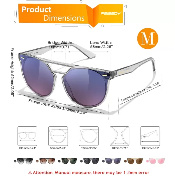FEISEDY Vintage Cat Eye Sunglasses Polarized Round Aviator Trendy Oversized UV400 Sun Glasses B011905 Transparent Grey  Blue Pink