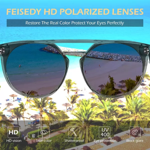 FEISEDY Vintage Cat Eye Sunglasses Polarized Round Aviator Trendy Oversized UV400 Sun Glasses B011905 Transparent Grey  Blue Pink