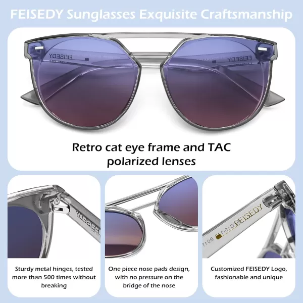 FEISEDY Vintage Cat Eye Sunglasses Polarized Round Aviator Trendy Oversized UV400 Sun Glasses B011905 Transparent Grey  Blue Pink