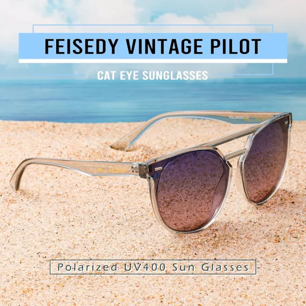 FEISEDY Vintage Cat Eye Sunglasses Polarized Round Aviator Trendy Oversized UV400 Sun Glasses B011905 Transparent Grey  Blue Pink
