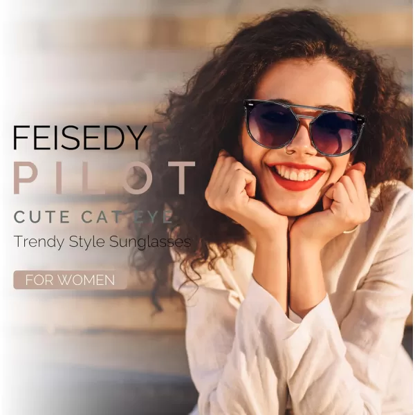 FEISEDY Vintage Cat Eye Sunglasses Polarized Round Aviator Trendy Oversized UV400 Sun Glasses B011905 Transparent Grey  Blue Pink