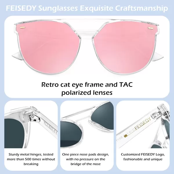 FEISEDY Vintage Cat Eye Sunglasses Polarized Round Aviator Trendy Oversized UV400 Sun Glasses B011907 Transparent  Pink Mirror