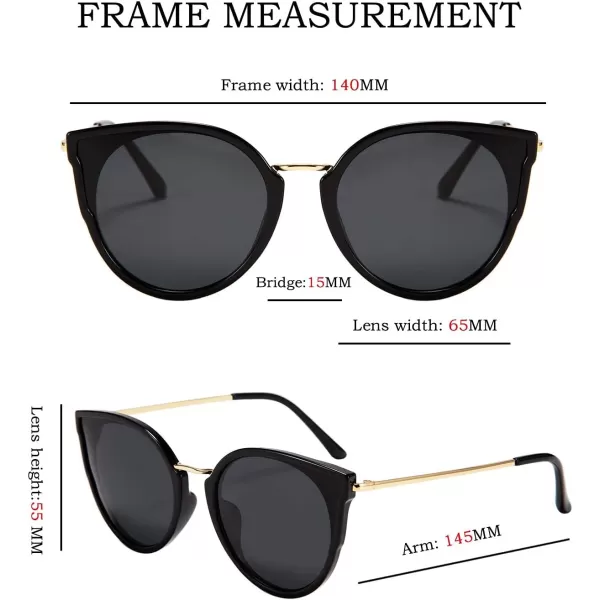 FEISEDY Vintage Polarized Cat Eye Sunglasses for Women Oversized Round Sunglasses Anti Glare B7000Black
