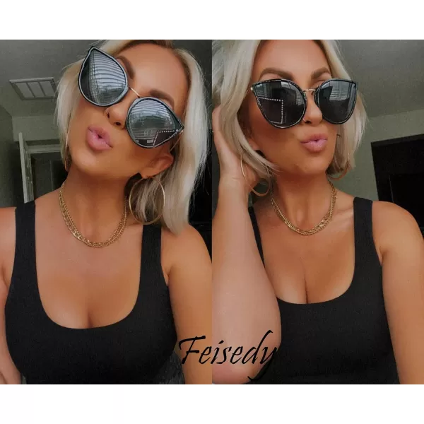 FEISEDY Vintage Polarized Cat Eye Sunglasses for Women Oversized Round Sunglasses Anti Glare B7000Black