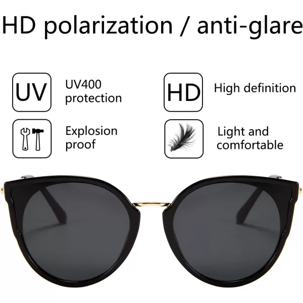 FEISEDY Vintage Polarized Cat Eye Sunglasses for Women Oversized Round Sunglasses Anti Glare B7000Black