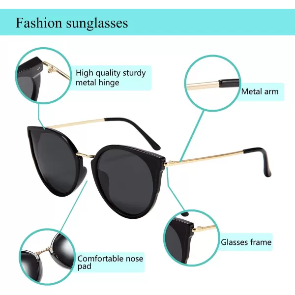 FEISEDY Vintage Polarized Cat Eye Sunglasses for Women Oversized Round Sunglasses Anti Glare B7000Black