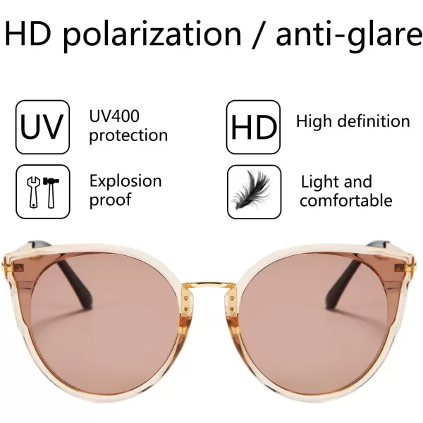 FEISEDY Vintage Polarized Cat Eye Sunglasses for Women Oversized Round Sunglasses Anti Glare B7000Champagne