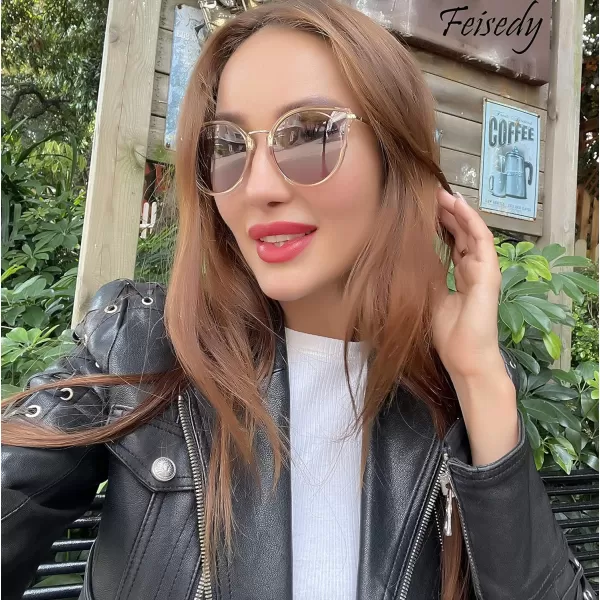 FEISEDY Vintage Polarized Cat Eye Sunglasses for Women Oversized Round Sunglasses Anti Glare B7000Champagne