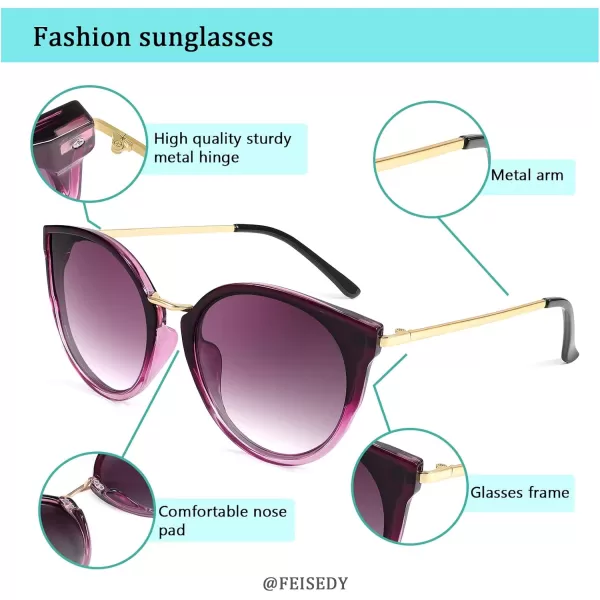 FEISEDY Vintage Polarized Cat Eye Sunglasses for Women Oversized Round Sunglasses Anti Glare B7000Gradual Purple